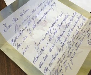 Handwritten letter from grateful Hurricance Sandy resident